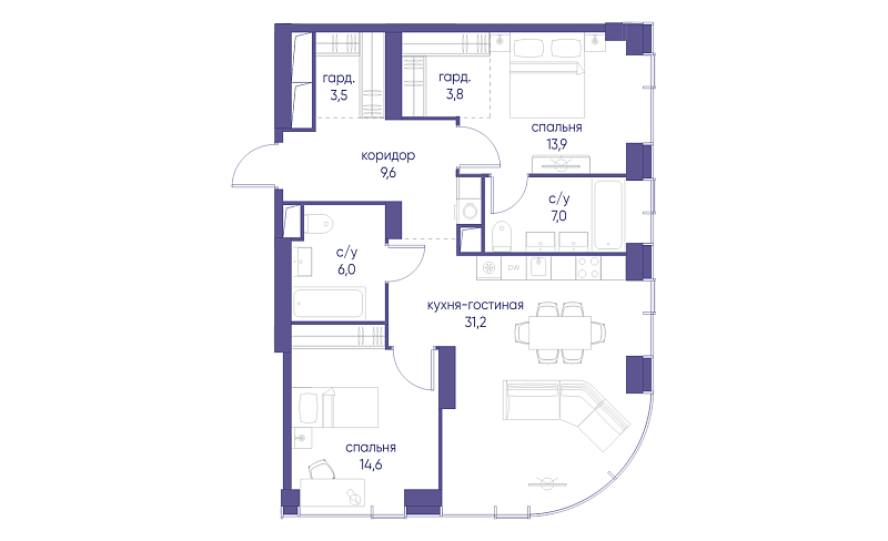 Планировка 2-комнатной квартиры 89,6 м² в Начало
