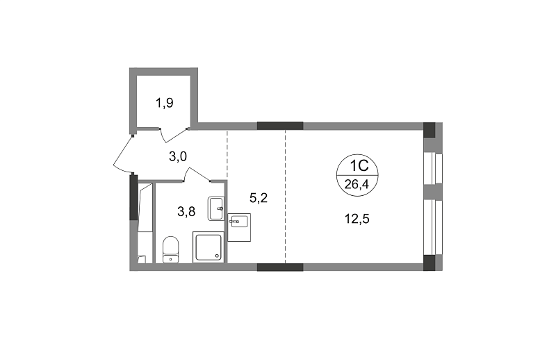 Планировка студии 26,4 м² в Город-парк Первый Московский