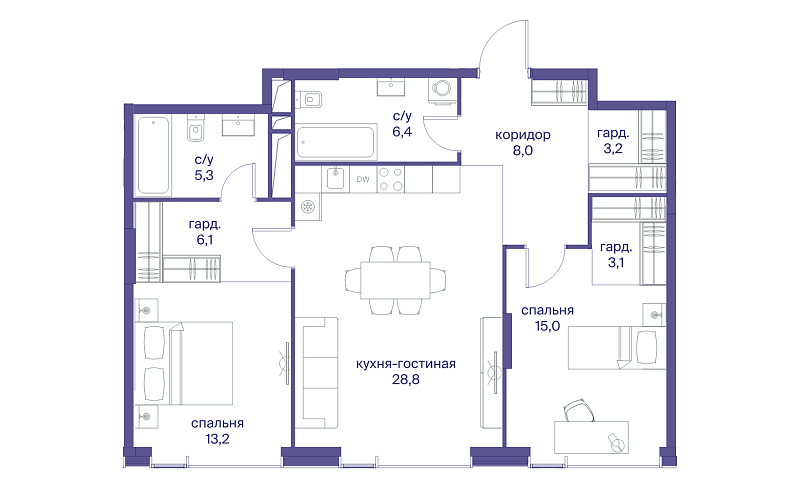 Планировка 2-комнатной квартиры 89,1 м² в Начало