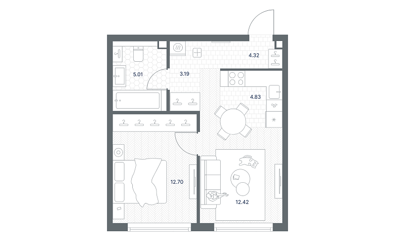 Планировка 1-комнатной квартиры 42,8 м² в TATE (ТЭЙТ, ТАТЕ, ТЕЙТ)