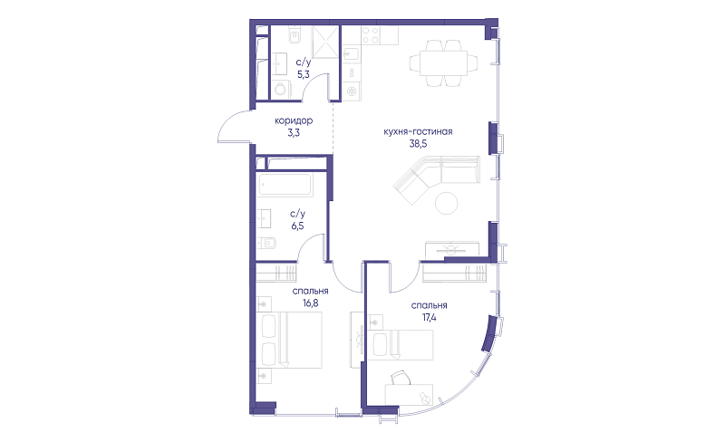Планировка 2-комнатной квартиры 87,8 м² в Начало