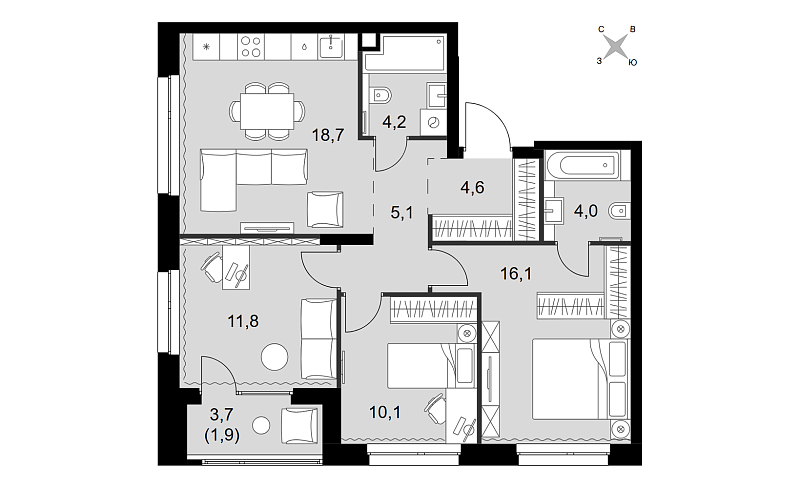 Планировка 4-комнатной квартиры 76,5 м² в Симоновский Вал