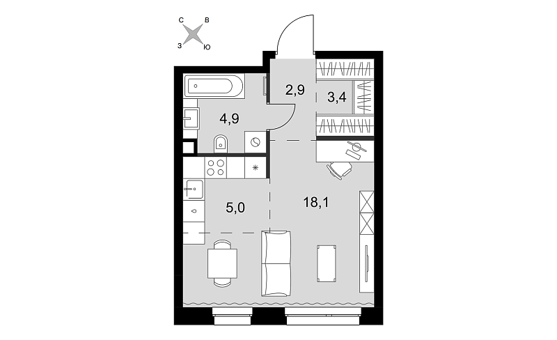 Планировка студии 34,3 м² в Симоновский Вал