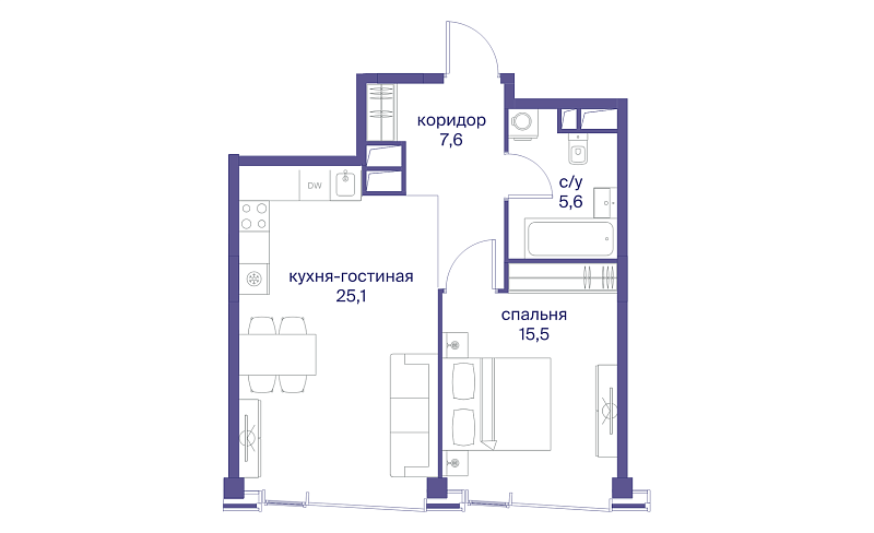 Планировка 1-комнатной квартиры 53,8 м² в Начало