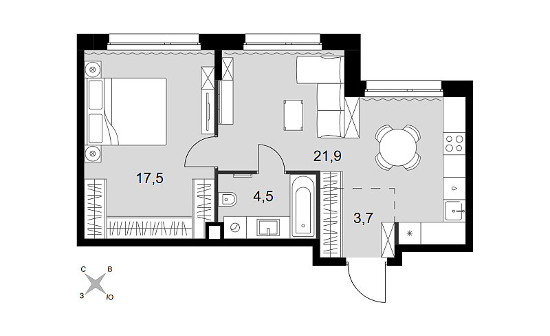 Планировка 2-комнатной квартиры 47,6 м² в Симоновский Вал