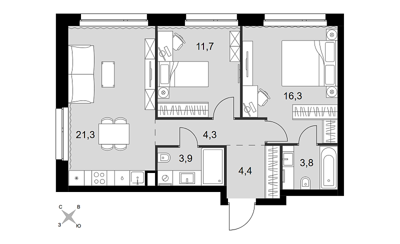 Планировка 3-комнатной квартиры 65,7 м² в Симоновский Вал