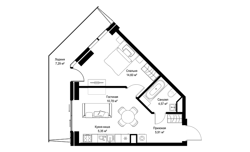 Планировка 1-комнатной квартиры 48,5 м² в JOIS (Джойс)