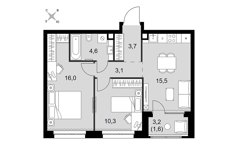 Планировка 3-комнатной квартиры 54,8 м² в Симоновский Вал