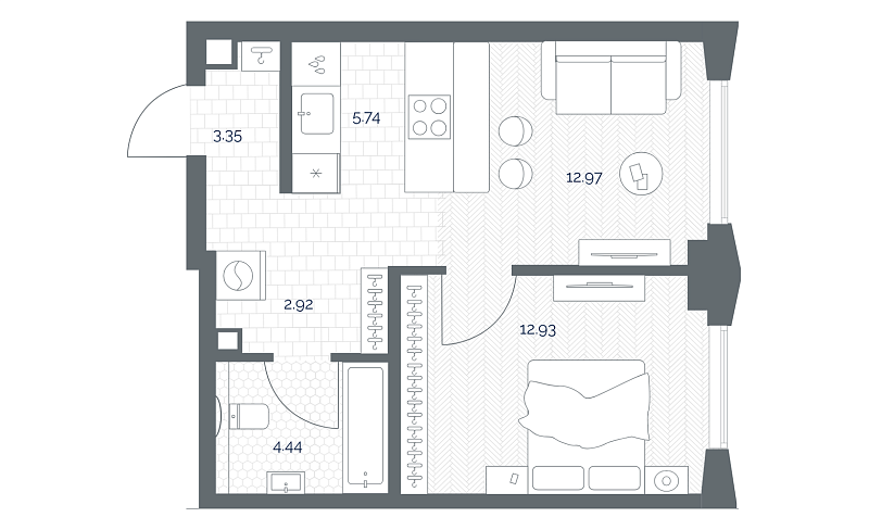 Планировка 1-комнатной квартиры 42,4 м² в TATE (ТЭЙТ, ТАТЕ, ТЕЙТ)