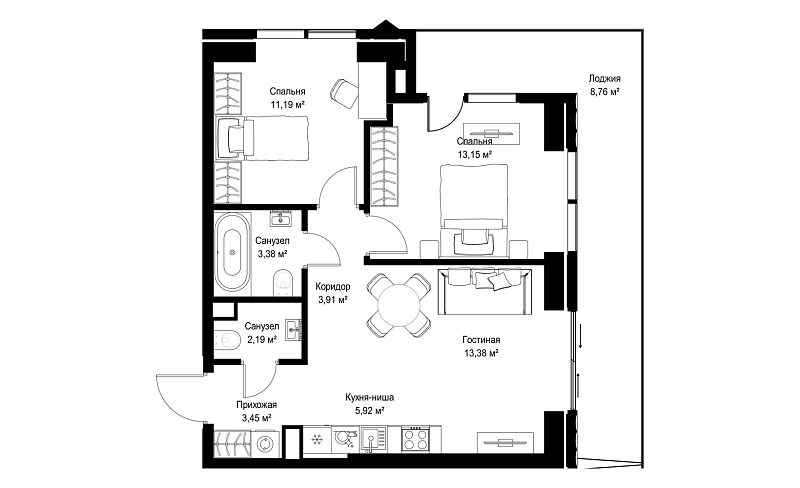Планировка 2-комнатной квартиры 65,3 м² в JOIS (Джойс)