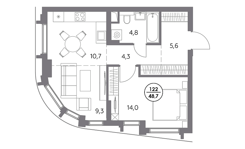 Планировка 1-комнатной квартиры 48,7 м² в Дом 56