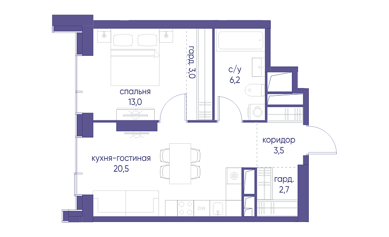 Планировка 1-комнатной квартиры 48,9 м² в Начало