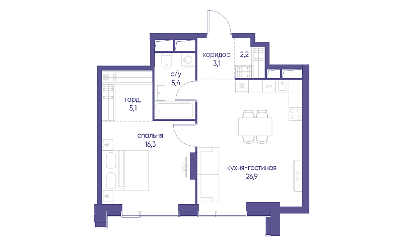 Планировка 1-комнатной квартиры 59 м² в Начало
