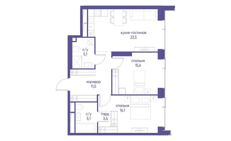 Планировка 2-комнатной квартиры 80,3 м² в Начало