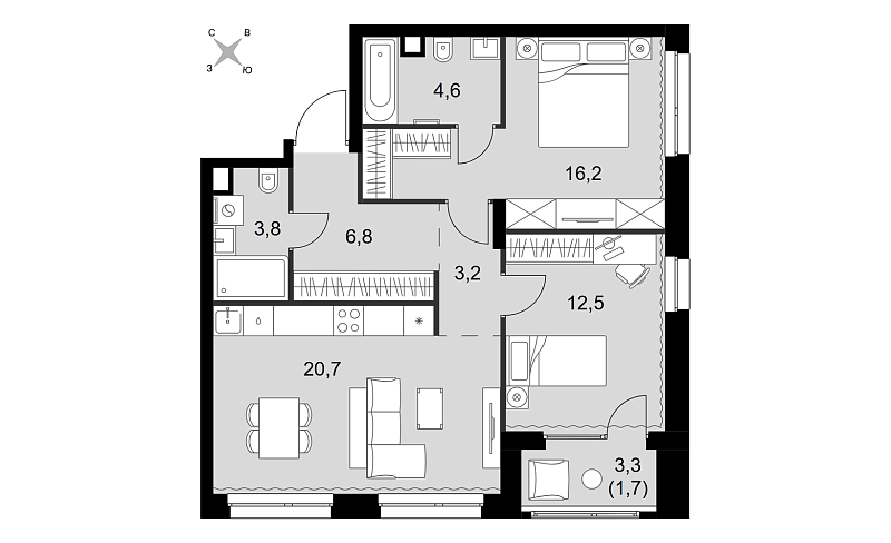 Планировка 3-комнатной квартиры 69,5 м² в Симоновский Вал